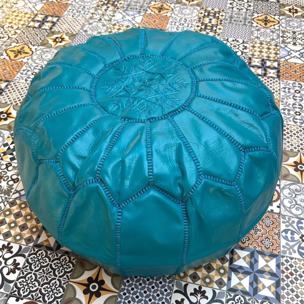 モロッコ 革製プフ オットマン スカイブルー