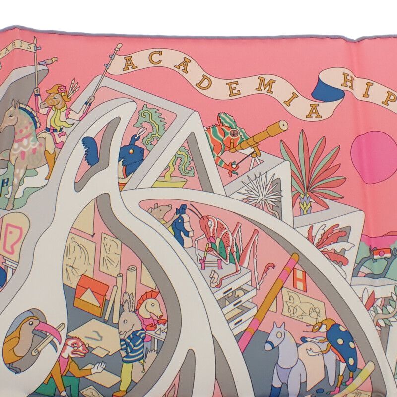 エルメス HERMES カレ90 Academia Hippica 06 スカーフ シルク ローズボンボン グリブルーテ マルチ レディース Sランク