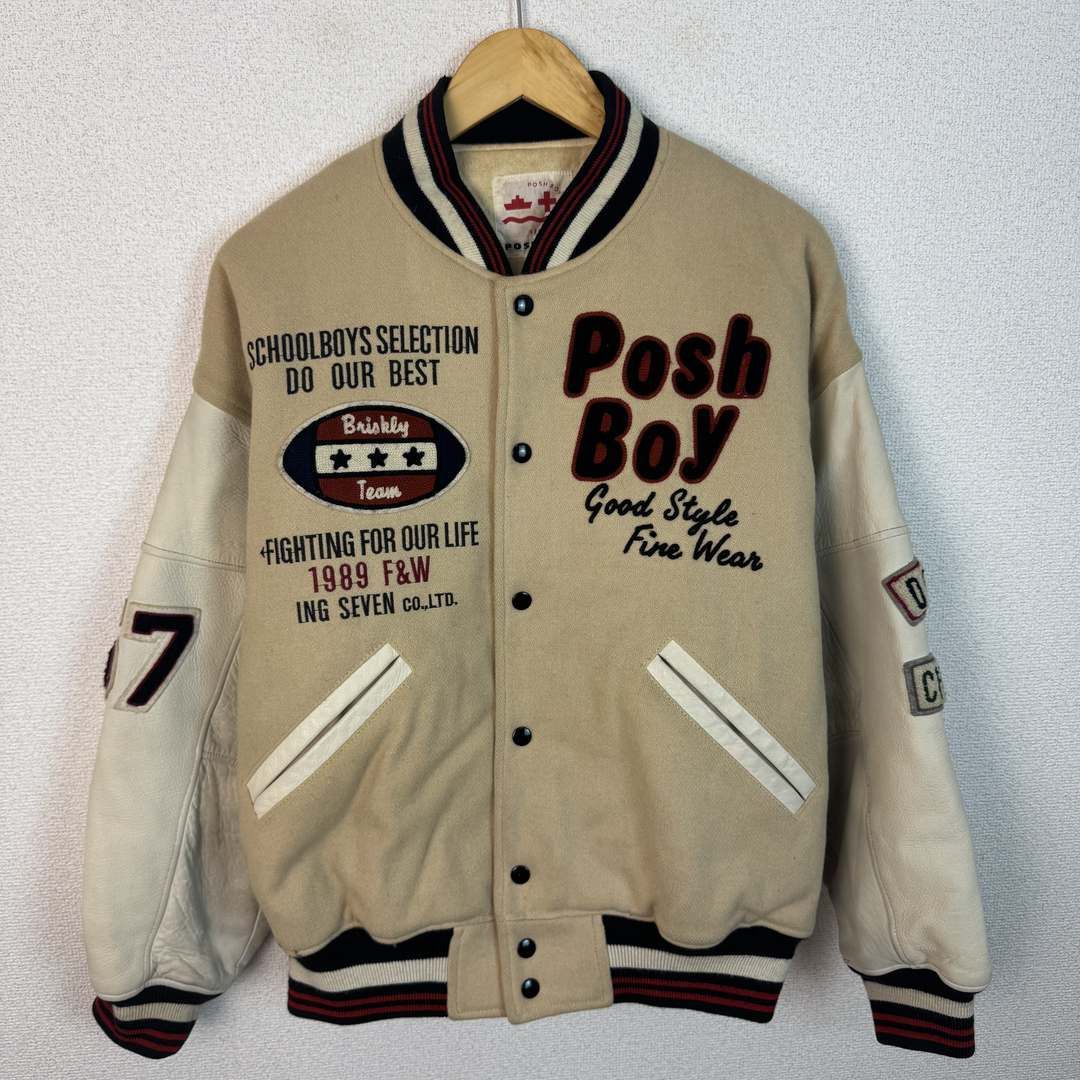 【一点物】POSHBOYポッシュボーイ 袖レザースタジャン 刺繍ロゴ ワッペン 80s 90s Posh Boy ポッシュボーイ スタジャン 袖レザー ワッペン