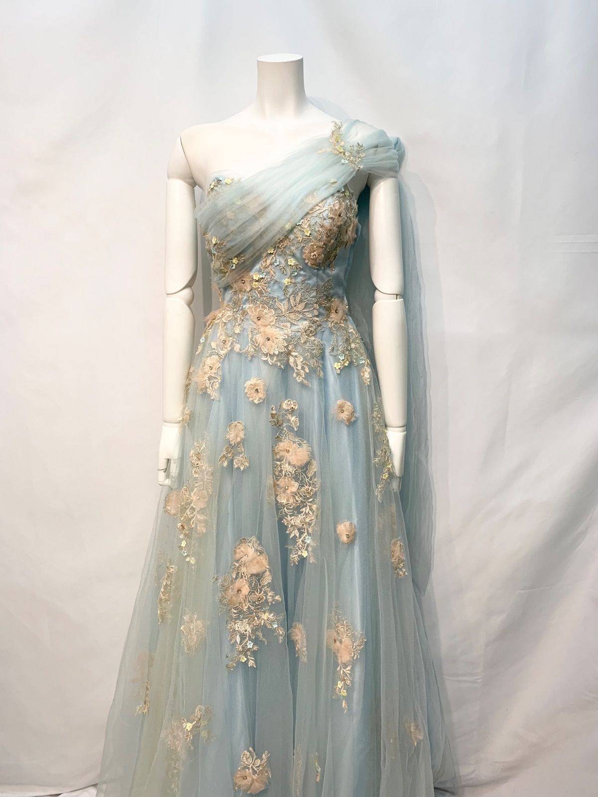 1761 JEAN MACLEAN ジャンマクレーン キャバクラ ロングドレス プリンセス フラワー チュール シフォン ストーン キラキラ バースデー イベント オフショル ショール フ キャバドレス M