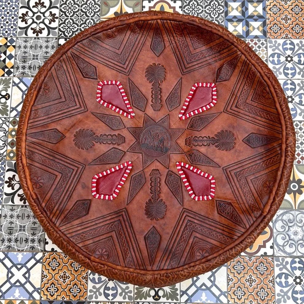 購入 モロッコ 革製プフ ビンテージ オットマン