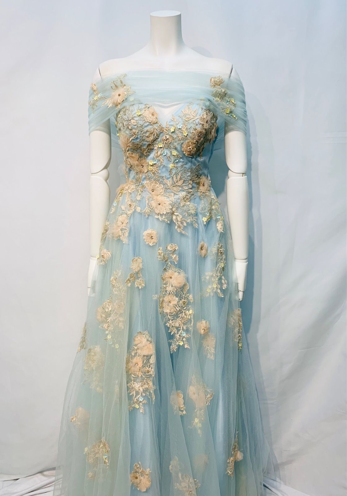 1761 JEAN MACLEAN ジャンマクレーン キャバクラ ロングドレス プリンセス フラワー チュール シフォン ストーン キラキラ バースデー イベント オフショル ショール フ キャバドレス M