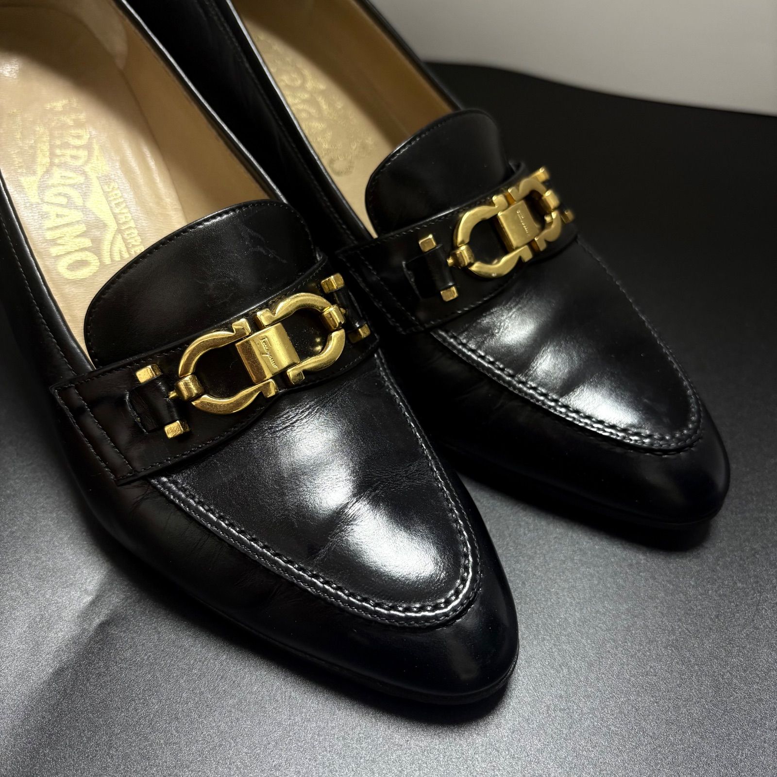  Salvatore Ferragamo サルヴァトーレ フェラガモ ガンチーニ パンプス ローファー レザー 6 D 23.5 cm 黒 ブラック ゴールド金具 ハイヒール パンプス パンプス