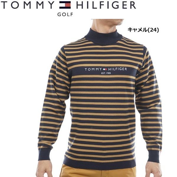 トミーヒルフィガー ゴルフ メンズ ボーダー ハイネックニット TOMMY HILFIGER GOLF THMA582 秋冬モデル キャメル 24