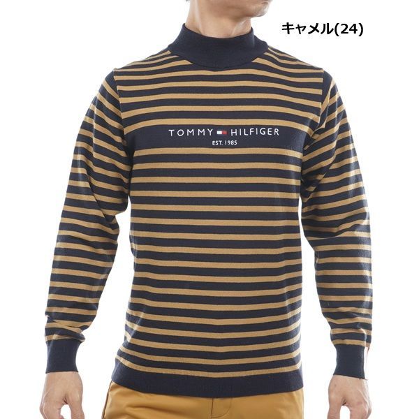 トミーヒルフィガー ゴルフ メンズ ボーダー ハイネックニット TOMMY GOLF THMA 582 秋冬モデル キャメル 24