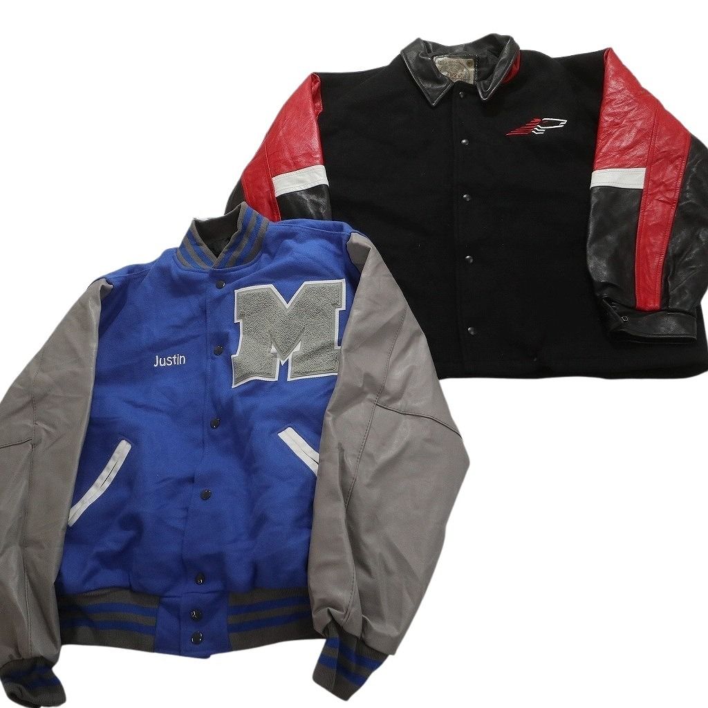 古着卸 袖レザー切り替え スタジャン ジャケット 2枚セット メンズ XL ワッペン カレッジ 古着 NC5554