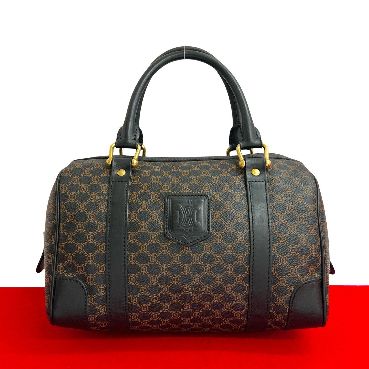 キュートな CELINE セリーヌ ヴィンテージ マカダム ブラゾン トリオンフ 柄 レザー ハンドバッグ ミニ ボストンバッグ ブラック 30694