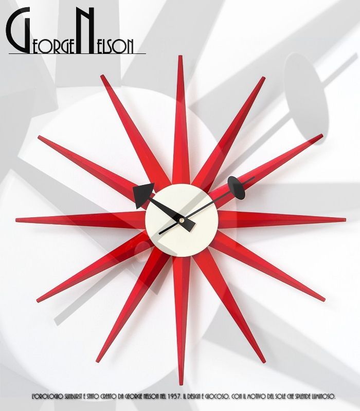 ジョージネルソン george nelson サンバーストクロック 掛け時計 レッド リプロダクト ミッドセンチュリーの象徴 赤 ウォールクロック 壁掛け時計