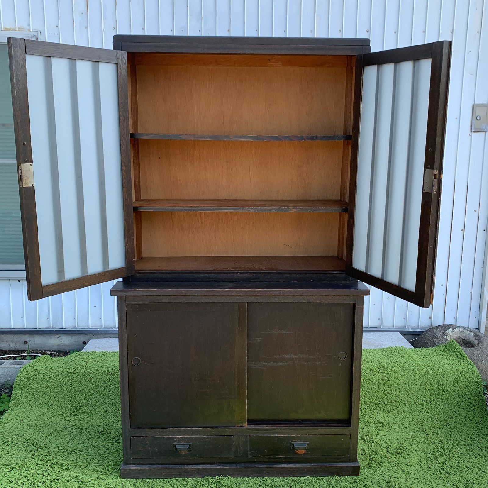 レトロ 木製 水屋箪笥 食器棚 ガラス戸棚 キャビネット HM 0157