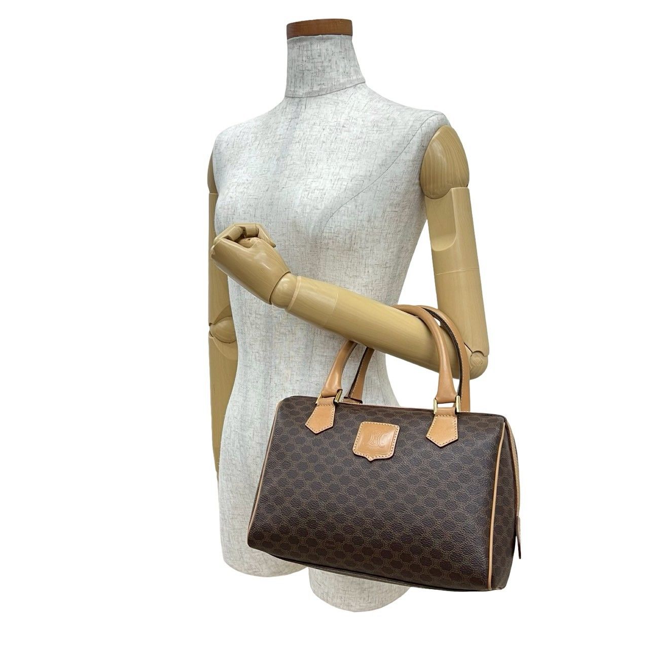 CELINE セリーヌ ヴィンテージ マカダム ブラゾン ロゴ 柄 レザー 本革 ハンドバッグ ミニ ボストンバッグ ブラウン 27020