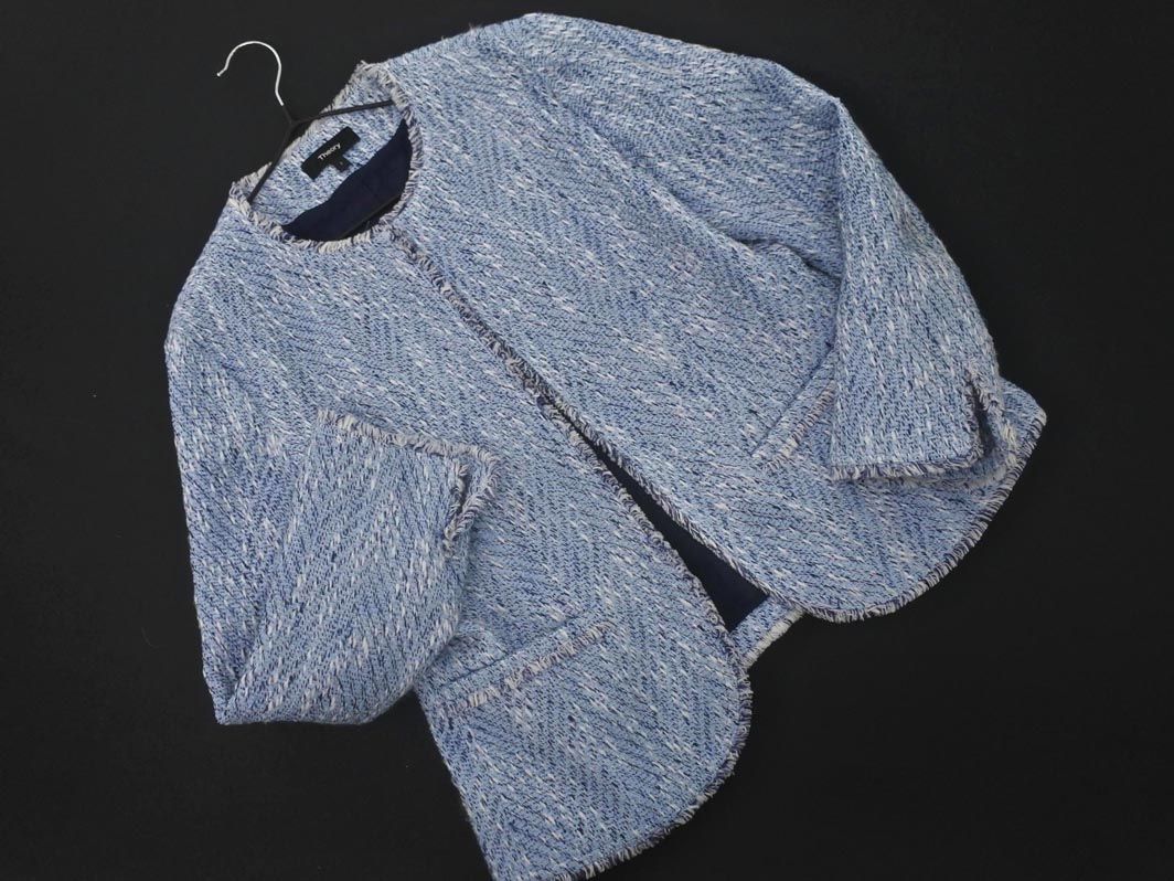 セオリー　リネンジャケット theory セオリー リネン混 ツイード ノーカラー ジャケット size2/青