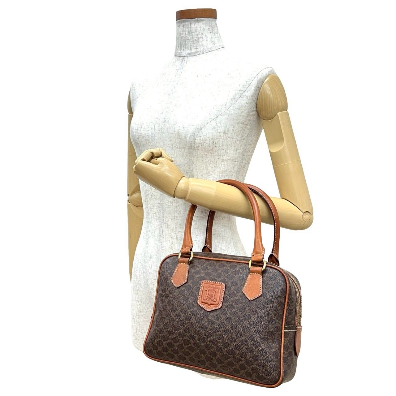 CELINE セリーヌ ヴィンテージ マカダム ブラゾン ロゴ 柄 レザー 本革 ハンドバッグ ミニ ボストンバッグ ブラウン 茶 21484