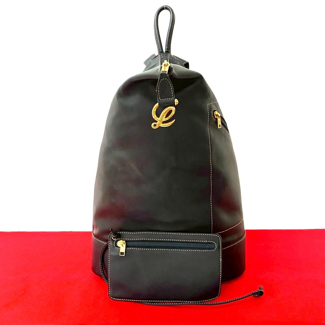 ポーチ付き LOEWE ロエベ ヴィンテージ アントン アナグラム ロゴ 金具 レザー 本革 リュックサック デイパック ネイビー 08669