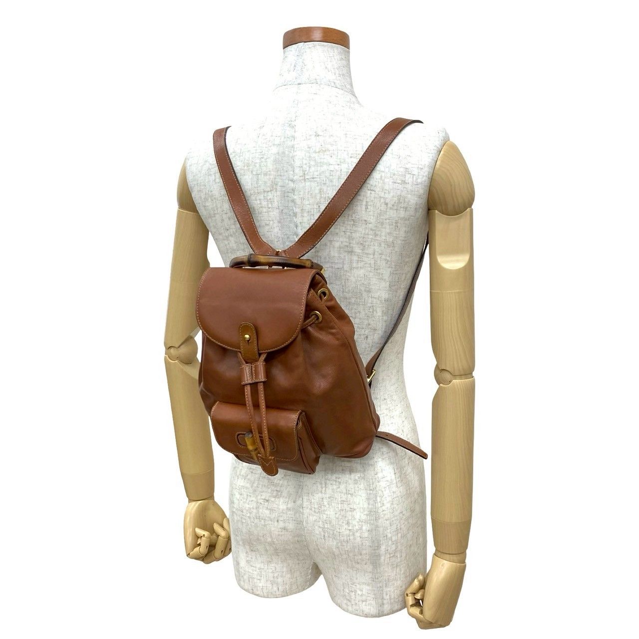 GUCCI グッチ グッチ ヴィンテージ バンブー レザー 本革 巾着 ミニ リュックサック デイパック ブラウン 44918