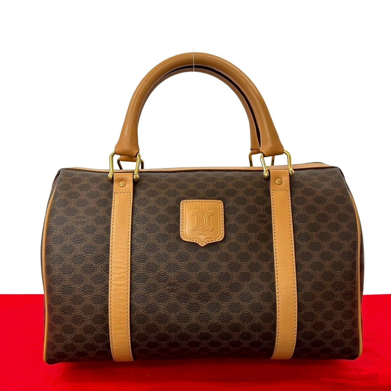 CELINE セリーヌ ヴィンテージ マカダム 柄 トリオンフ ロゴ レザー ハンドバッグ ミニ ボストンバッグ ブラウン 59005