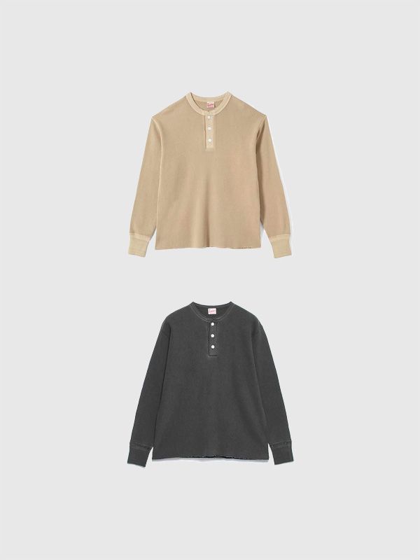 Healthknit ヘルスニット サーマル キング 長袖 無地 ピグメント ヘンリーネック 52020 Thermal King Waffle Pigment Dyed Henley neck Long Sleeve