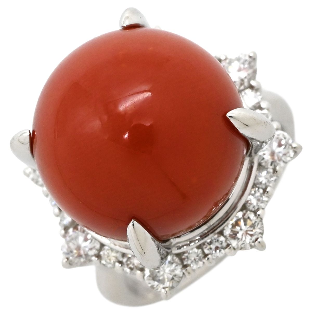 リング 指輪 珊瑚 ダイヤリング Pt900 珊瑚 プラチナシルバー 赤 サンゴ 10.5号