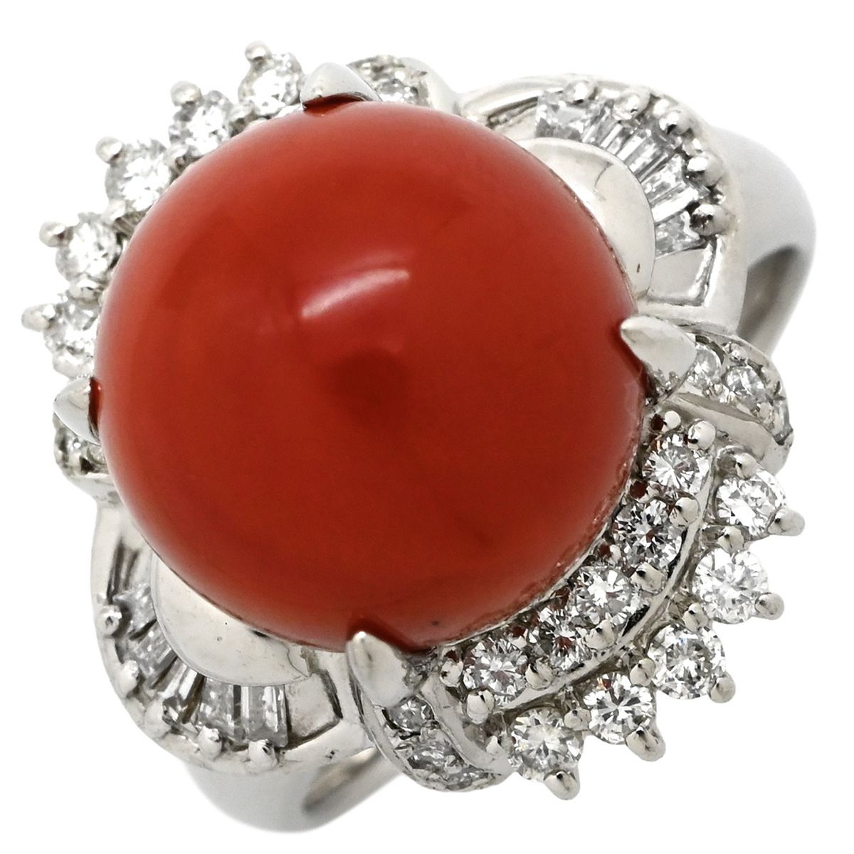 リング 指輪 珊瑚 ダイヤリング Pt 900 プラチナシルバー 赤 サンゴ 14号