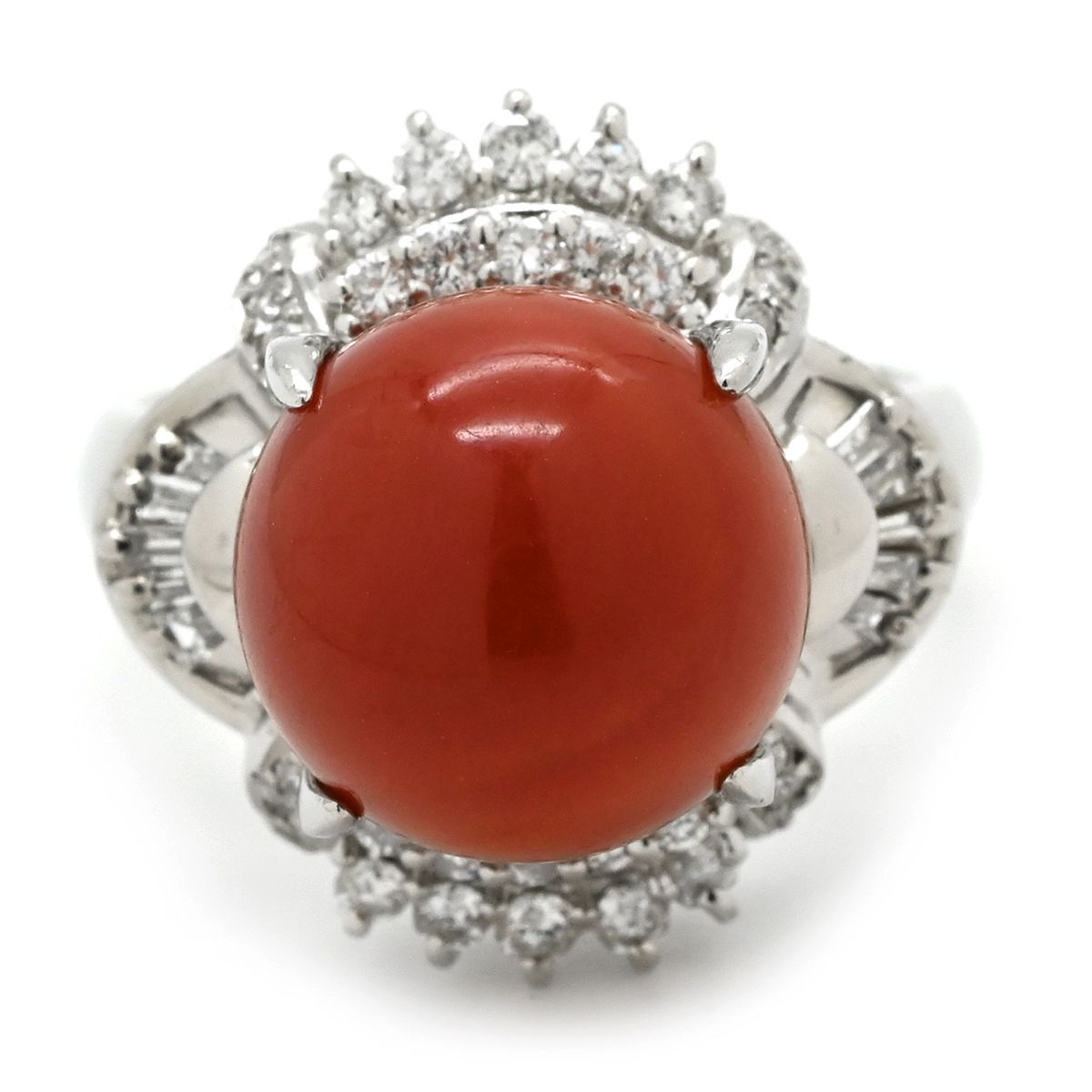 リング 指輪 珊瑚 ダイヤリング Pt 900 プラチナシルバー 赤 サンゴ 14号