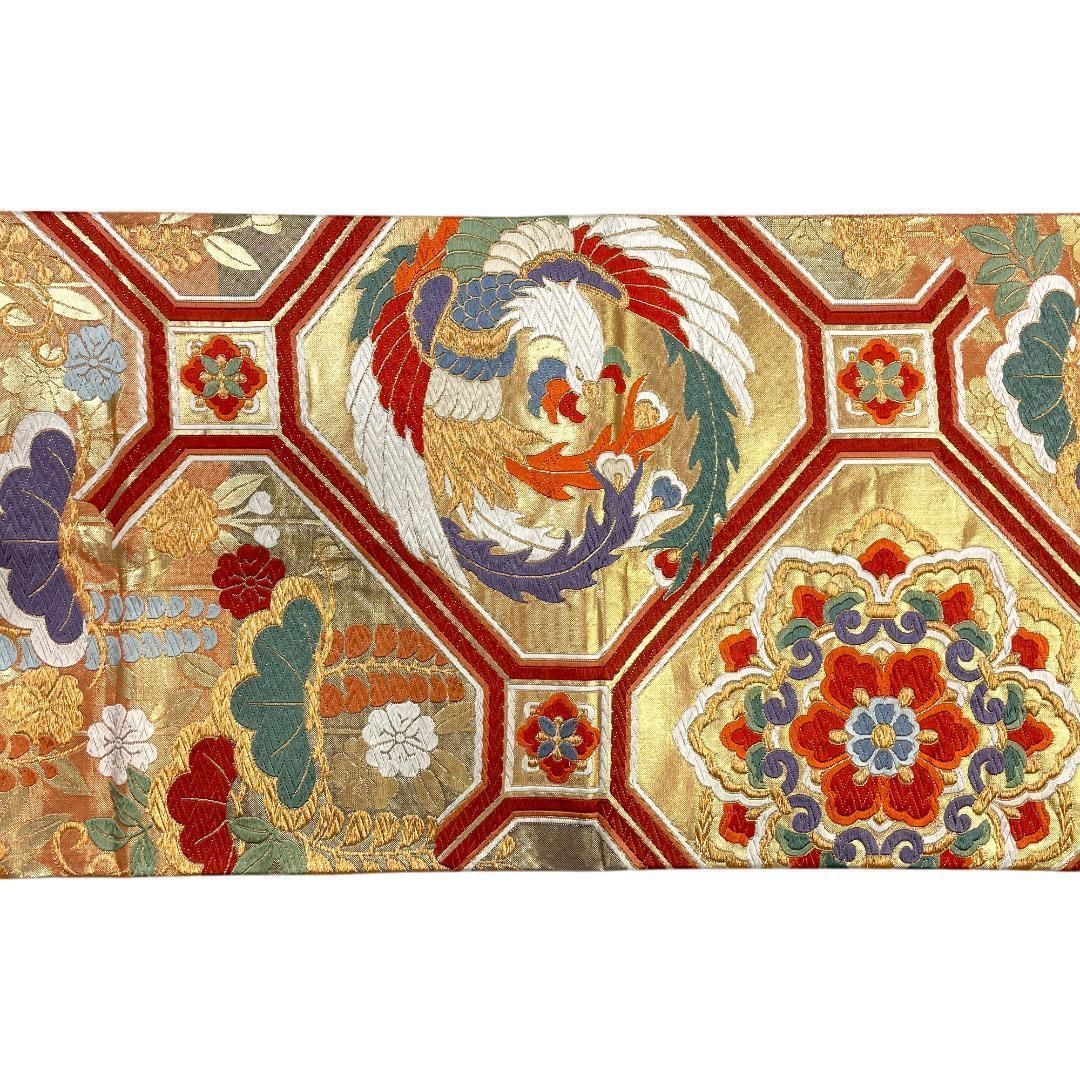  袋帯 正絹 蜀江 瑞鳥 赤みのゴールド 振袖 成人式 フォーマル着物 kimonolove リユース品 オゾン消臭サービス AO-0598 袋帯 帯