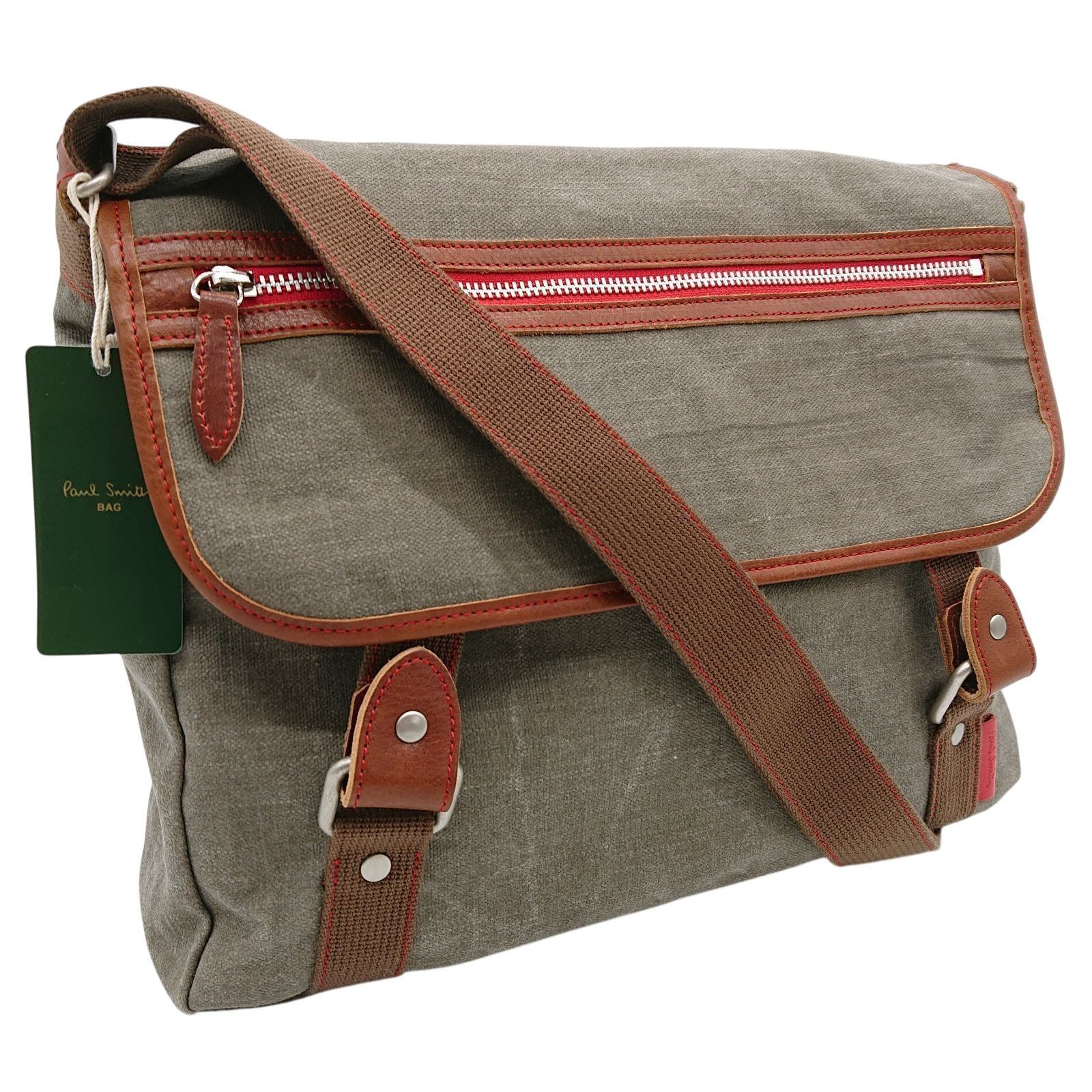 Paul Smith ポールスミス メッセンジャーバッグ キャンバス地 レザー ショルダーバック ベージュグレイ ブラウン メンズ レディース
