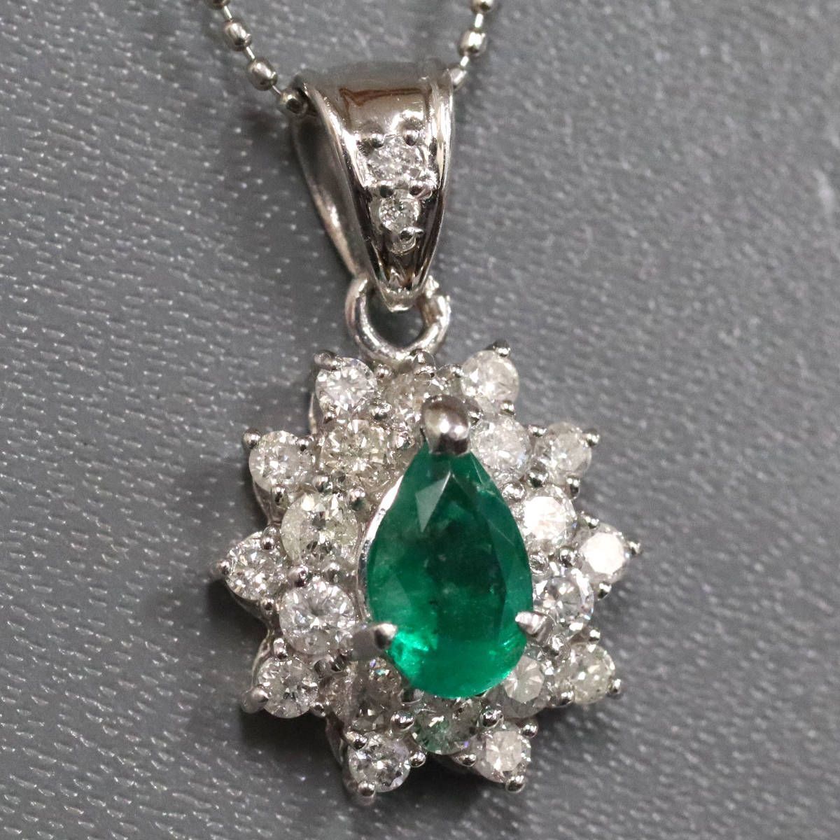 Pt900 850エメラルドダイヤモンドペンダント E0.59 D0.68 5.1g 45cm