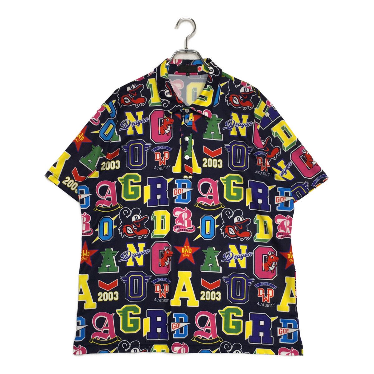メンズ ダンスウィズドラゴン DANCE WITH DRAGON 半袖ポロシャツ 5 3L 紺×カラフル ネイビー 総柄 大きい