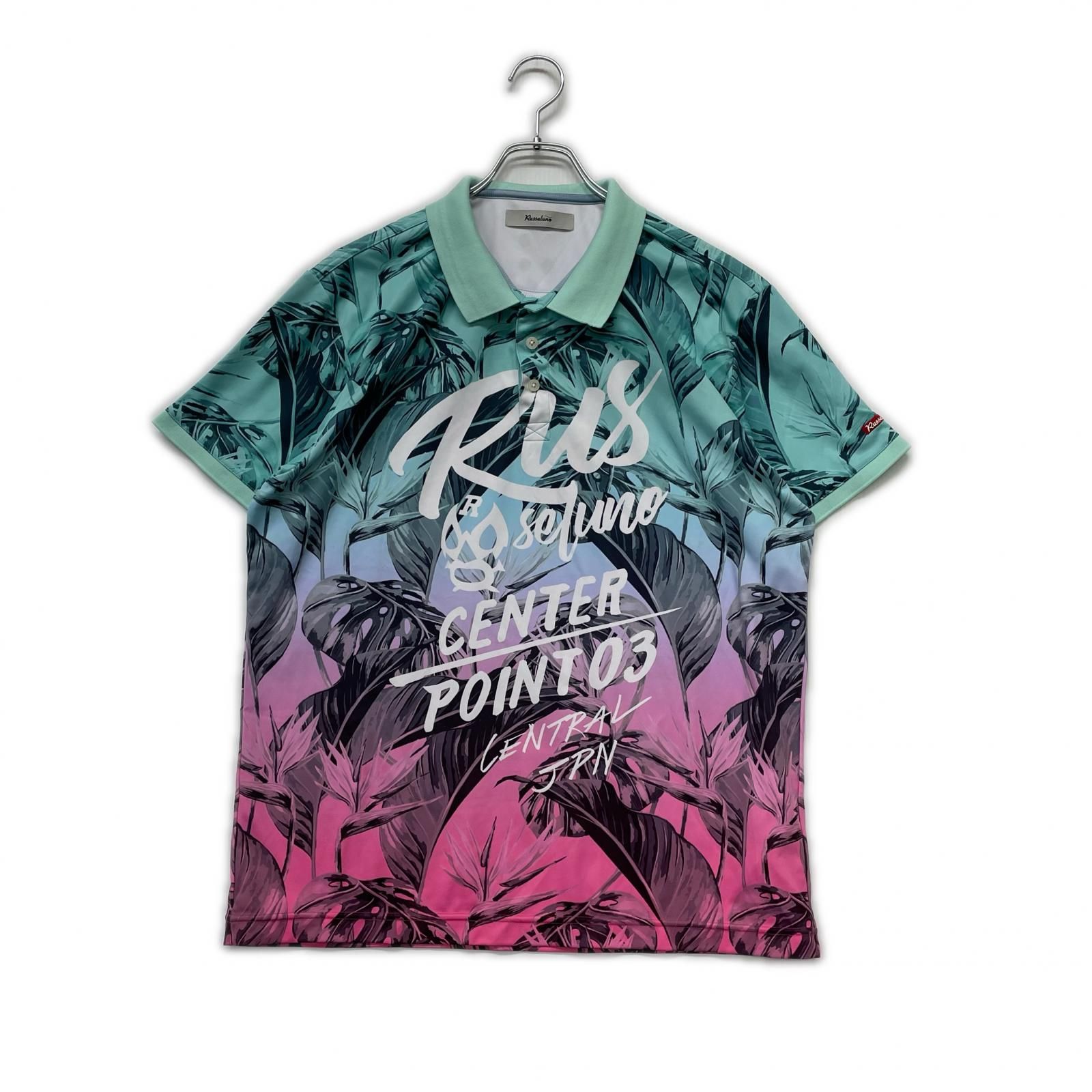 メンズ ラッセルノ RUSSELUNO 半袖ポロシャツ 6 LL 緑系×ピンク グラデーション 総柄 ルチャ