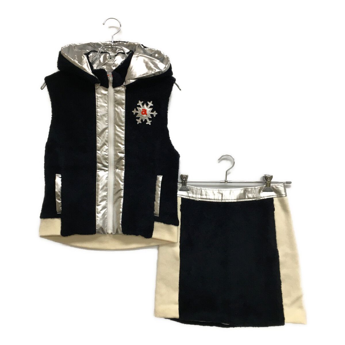 レディース アルチビオ archivio セットアップ 38 M 紺 ネイビー ボア 中わた 裏銀色素材 ベスト×スカート