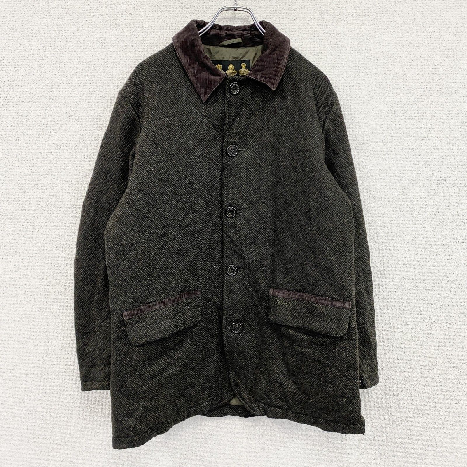 古着 Barbour バブアー STABLE モヘア混ツイードウールキルティングジャケット カーキ Lサイズ