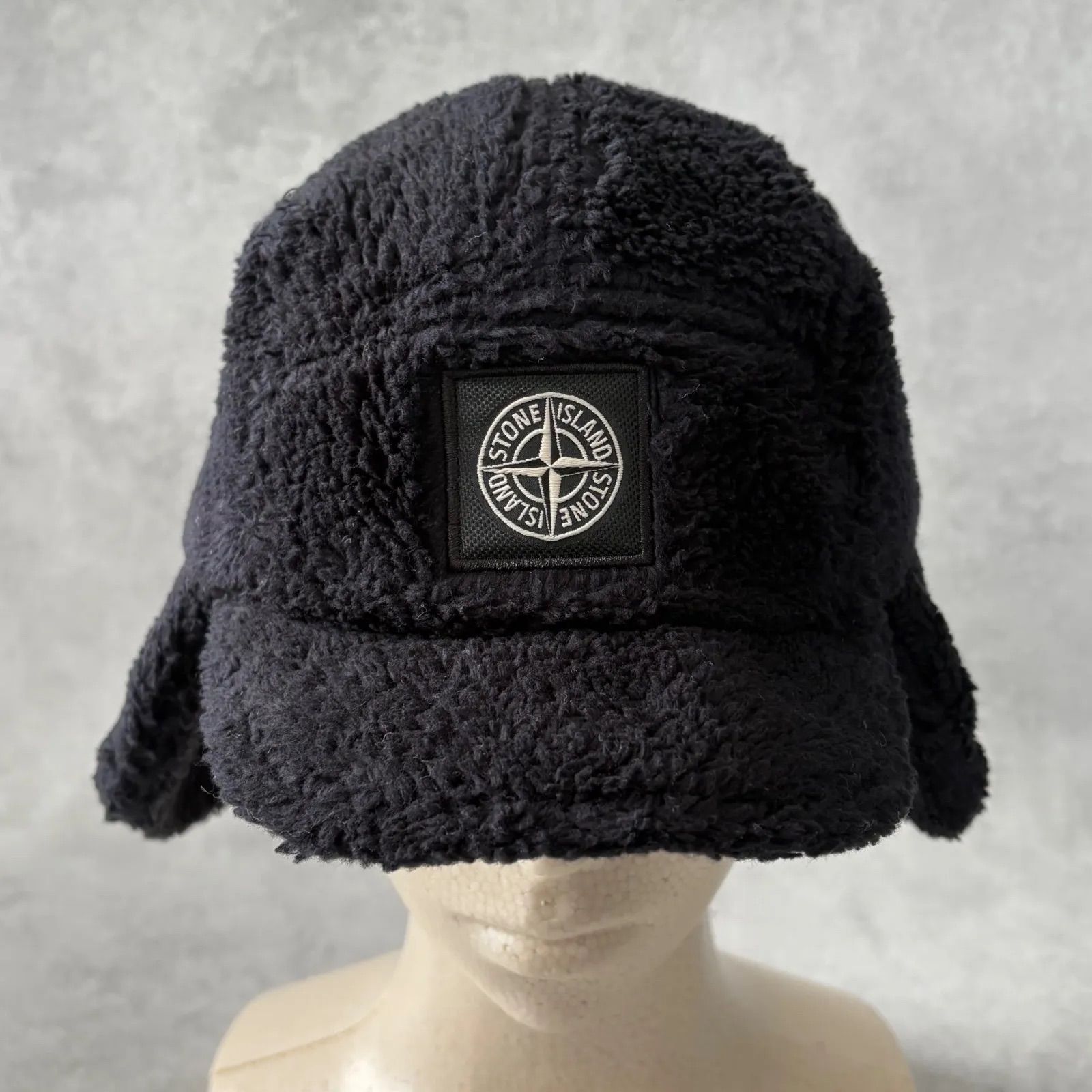STONE ISLAND ストーンアイランド フライトキャップ イヤーキャップ ボア フリース 帽子ブラック XLサイズ