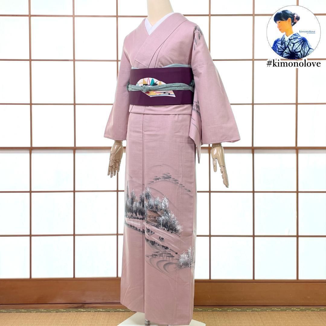 付下げ着物 染紬 真綿紬 正絹 金彩手描き 田舎風景 くすみピンク 着物 kimonolove リユース品 オゾン消臭サービス A 2165