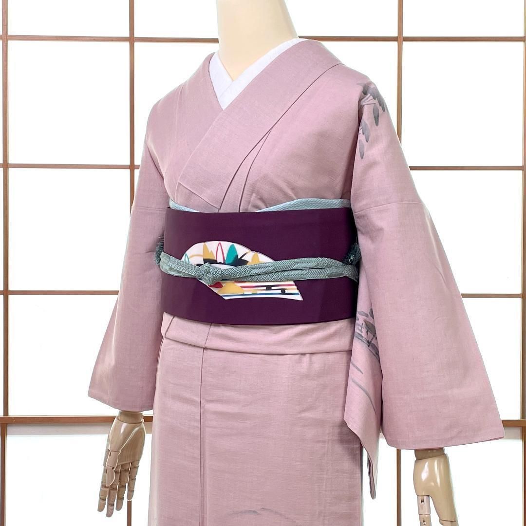 付下げ着物 染紬 真綿紬 正絹 金彩手描き 田舎風景 くすみピンク 着物 kimonolove リユース品 オゾン消臭サービス A 2165