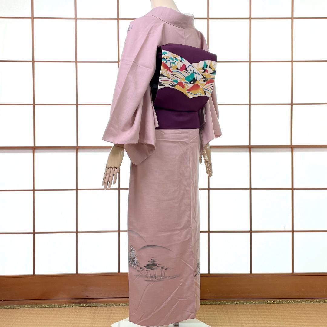  付下げ着物 染紬 真綿紬 正絹 金彩手描き 田舎風景 くすみピンク 着物 kimonolove リユース品 オゾン消臭サービス A-2165 紬 着物