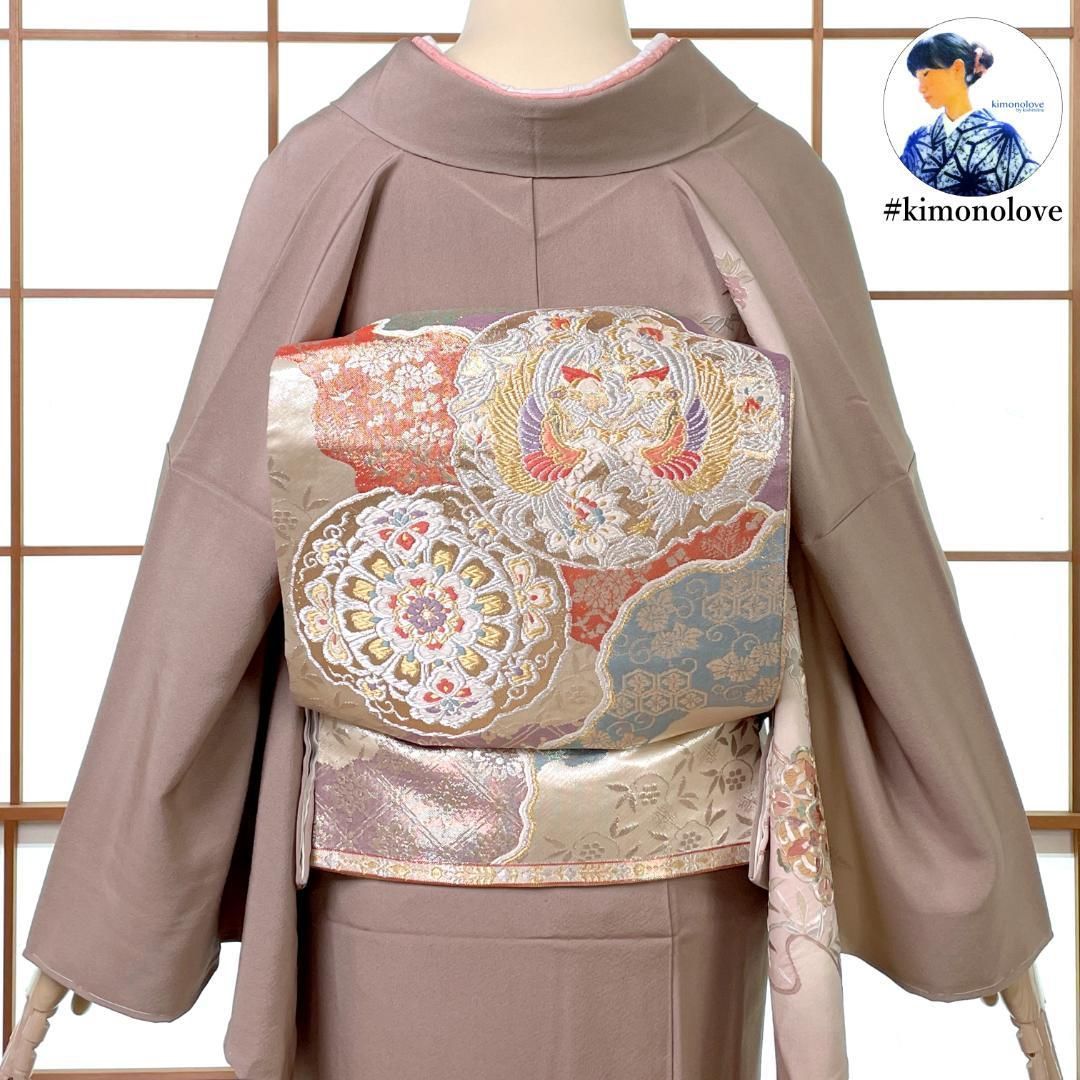 袋帯 正絹 九百佐賀錦 金繍巧彩文 華紋 向かい鳥 淡いゴールド フォーマル着物 kimonolove リユース品 オゾン消臭サービス AO-0576