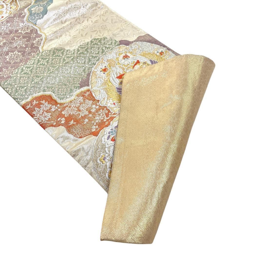  袋帯 正絹 九百佐賀錦 金繍巧彩文 華紋 向かい鳥 淡いゴールド フォーマル着物 kimonolove リユース品 オゾン消臭サービス AO-0576 袋帯 帯