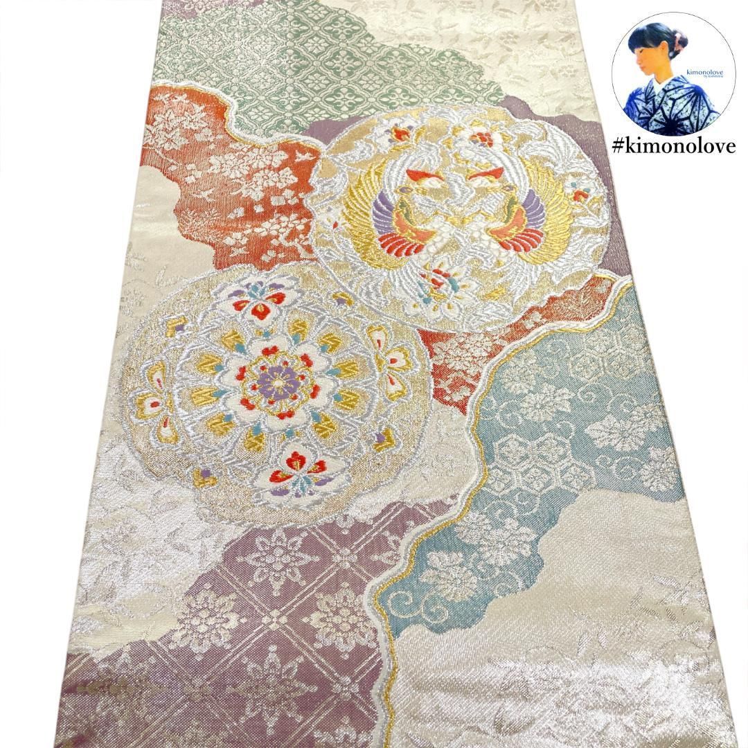 袋帯 正絹 九百佐賀錦 金繍巧彩文 華紋 向かい鳥 淡いゴールド フォーマル着物 kimonolove リユース品 オゾン消臭サービス AO 0576