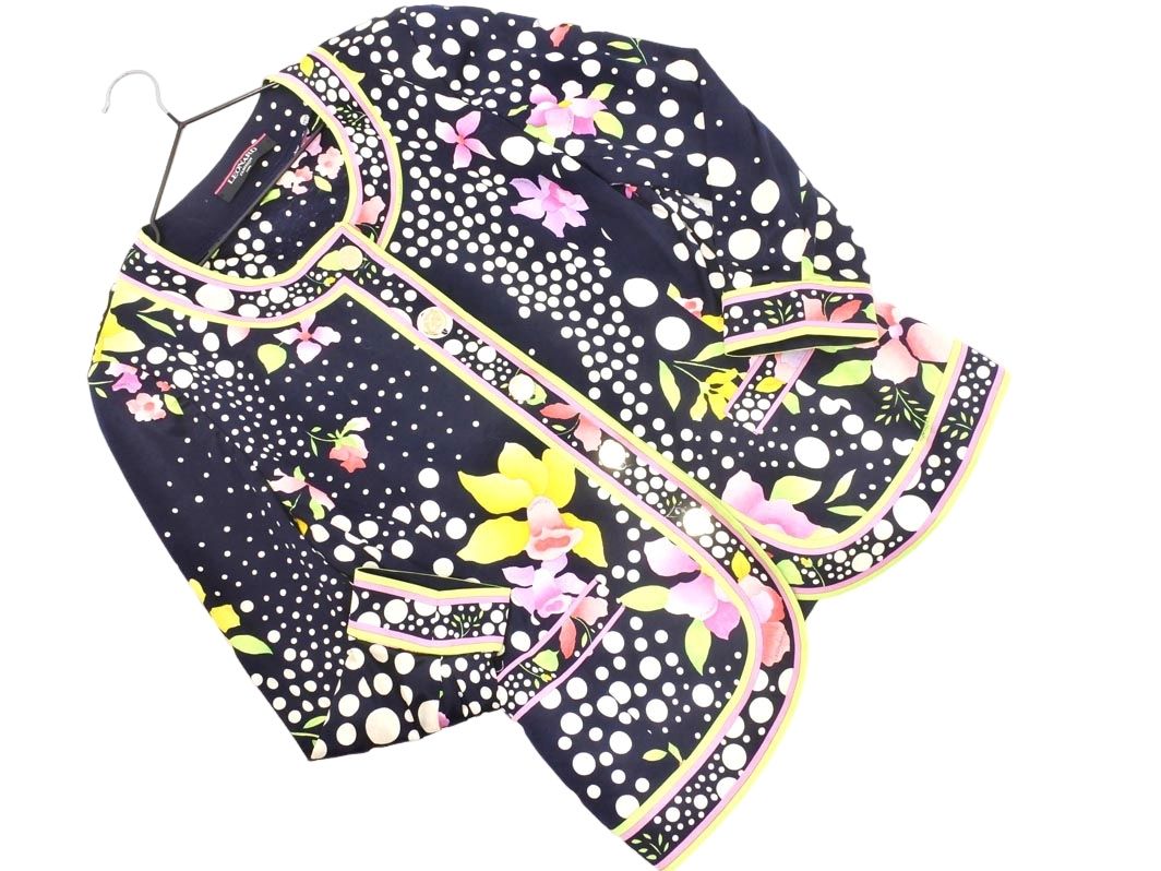 こ**LEONARD レオナール☆ノーカラージャケット 花柄 ロゴボタン