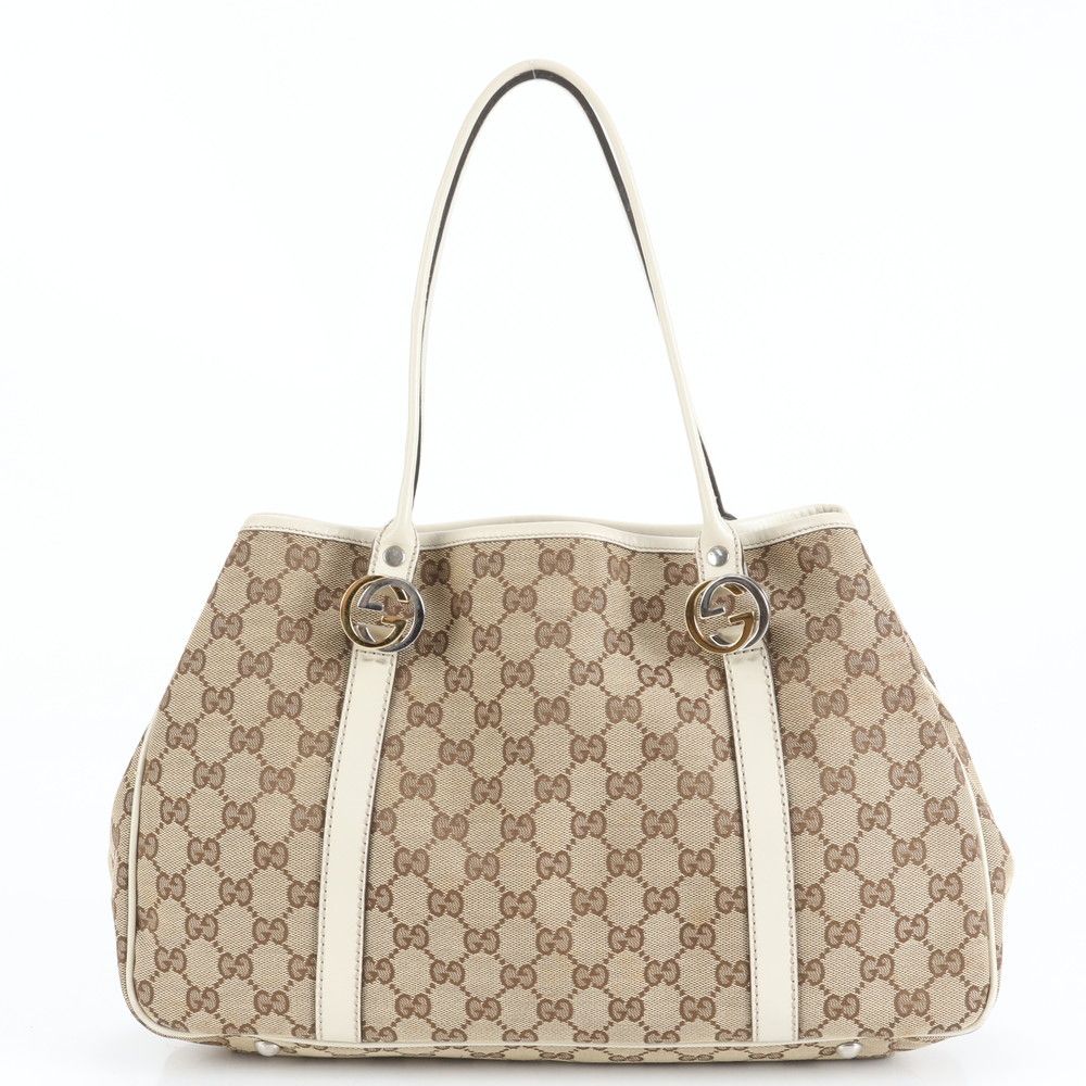 グッチ GG ツインズ レザー キャンバス トート バッグ 肩掛け ショルダー 232957 ブラウン 茶色 レディース RCE CY32-8