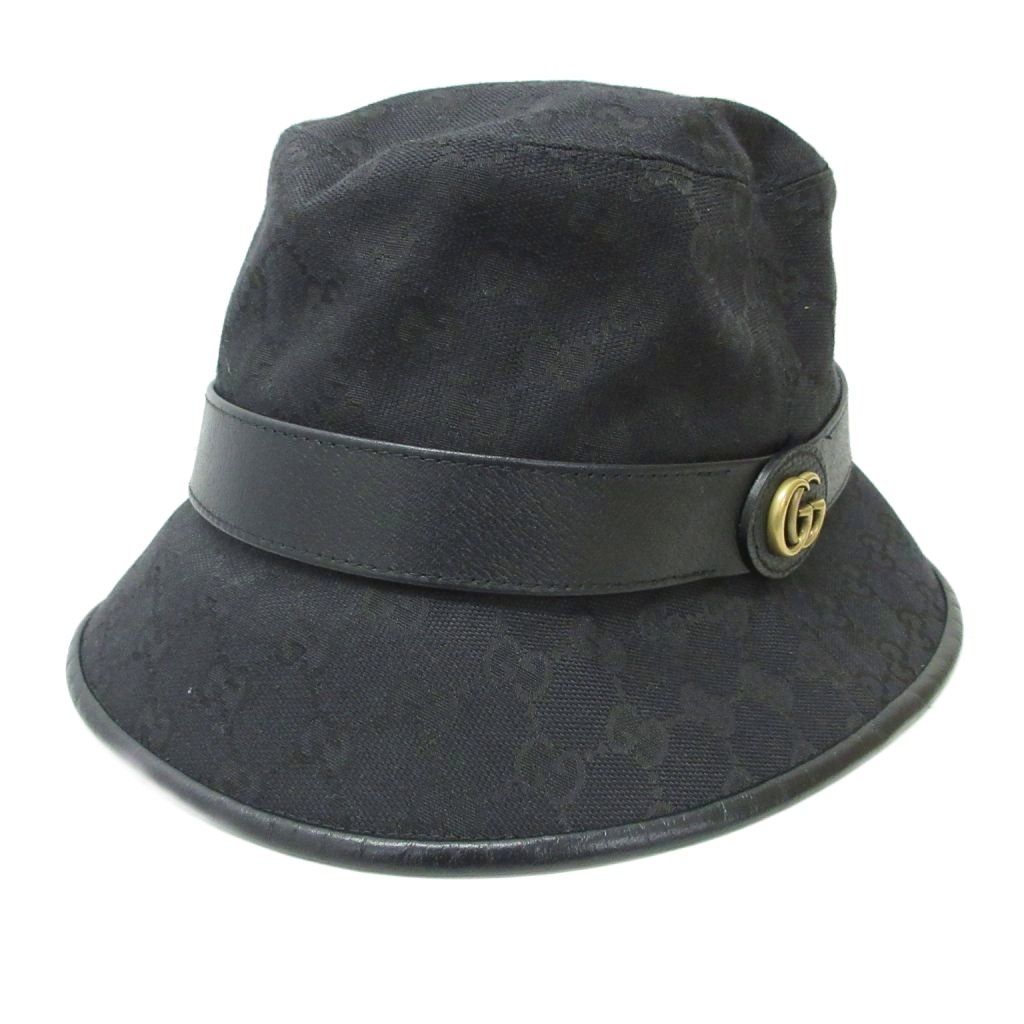 グッチ GUCCI バケットハット フェドラハット 帽子 GGキャンバス レザーパイピング GG金具 黒 ブラック M 58㎝ AA