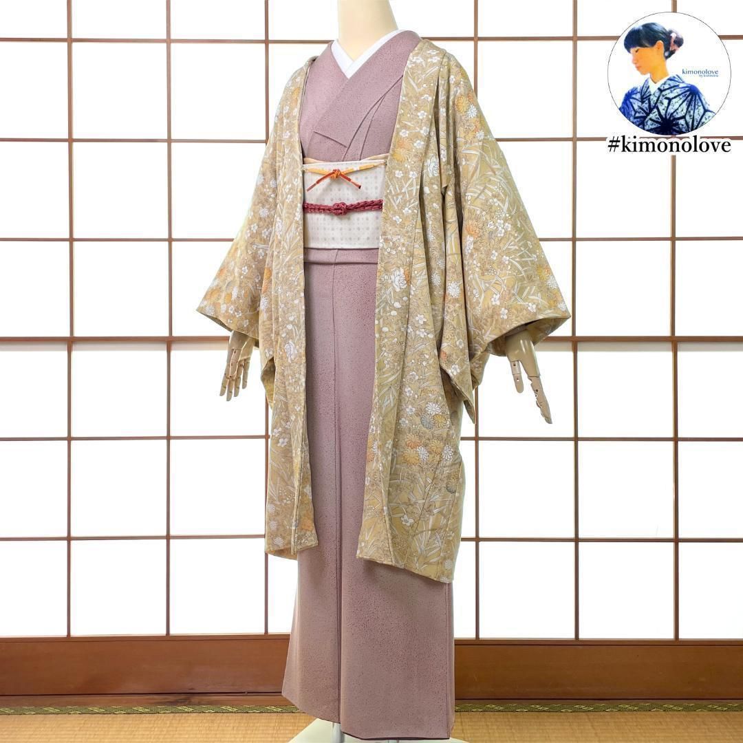 長羽織 正絹 ちりめん地 四季草花 ベージュ 身丈100 cm 着物 kimonolove 仕立替え品 オゾン消臭サービス A 2235