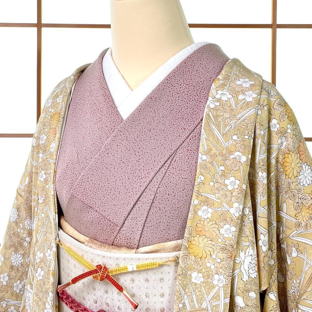 長羽織 正絹 ちりめん地 四季草花 ベージュ 身丈100 cm 着物 kimonolove 仕立替え品 オゾン消臭サービス A 2235
