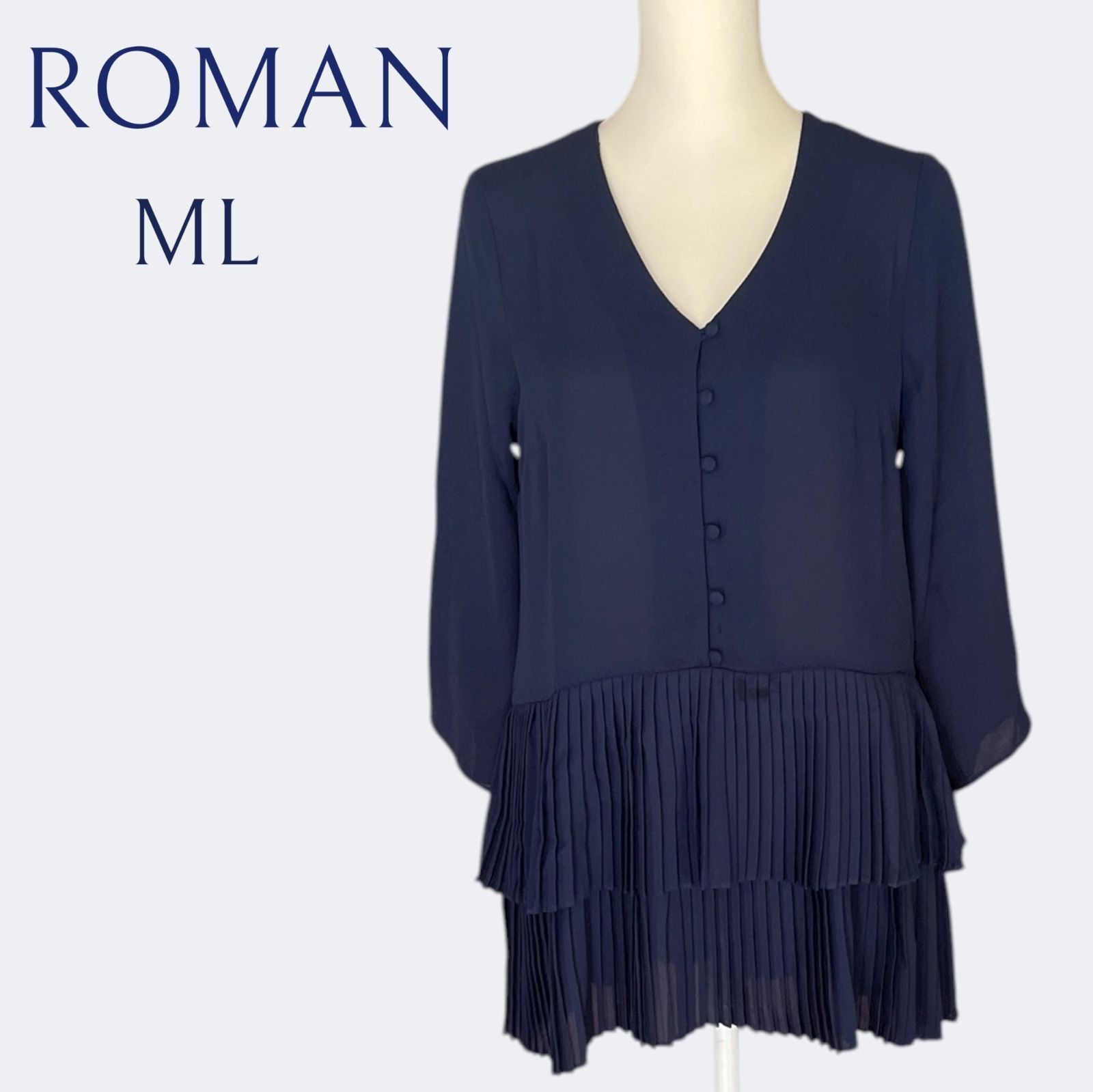 ROMANローマン ネイビーVネックボタンお洒落なプリーツフ アシメトリー裾 体型カバーの細見えブラウストップス ML
