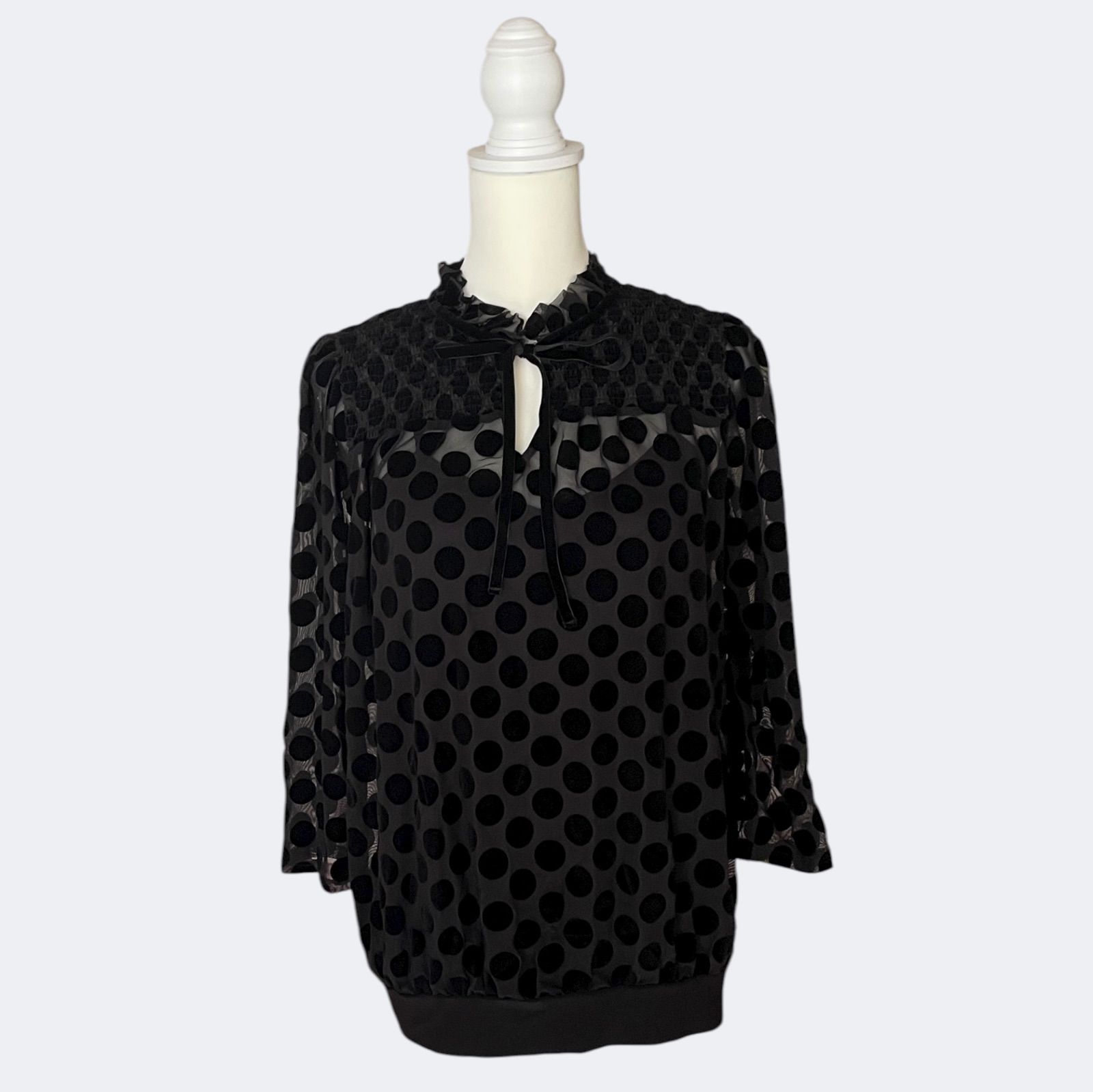 ROMANローマン 秋冬ブラックベルベット上品ドット柄シースルーお洒落ブラウス ML