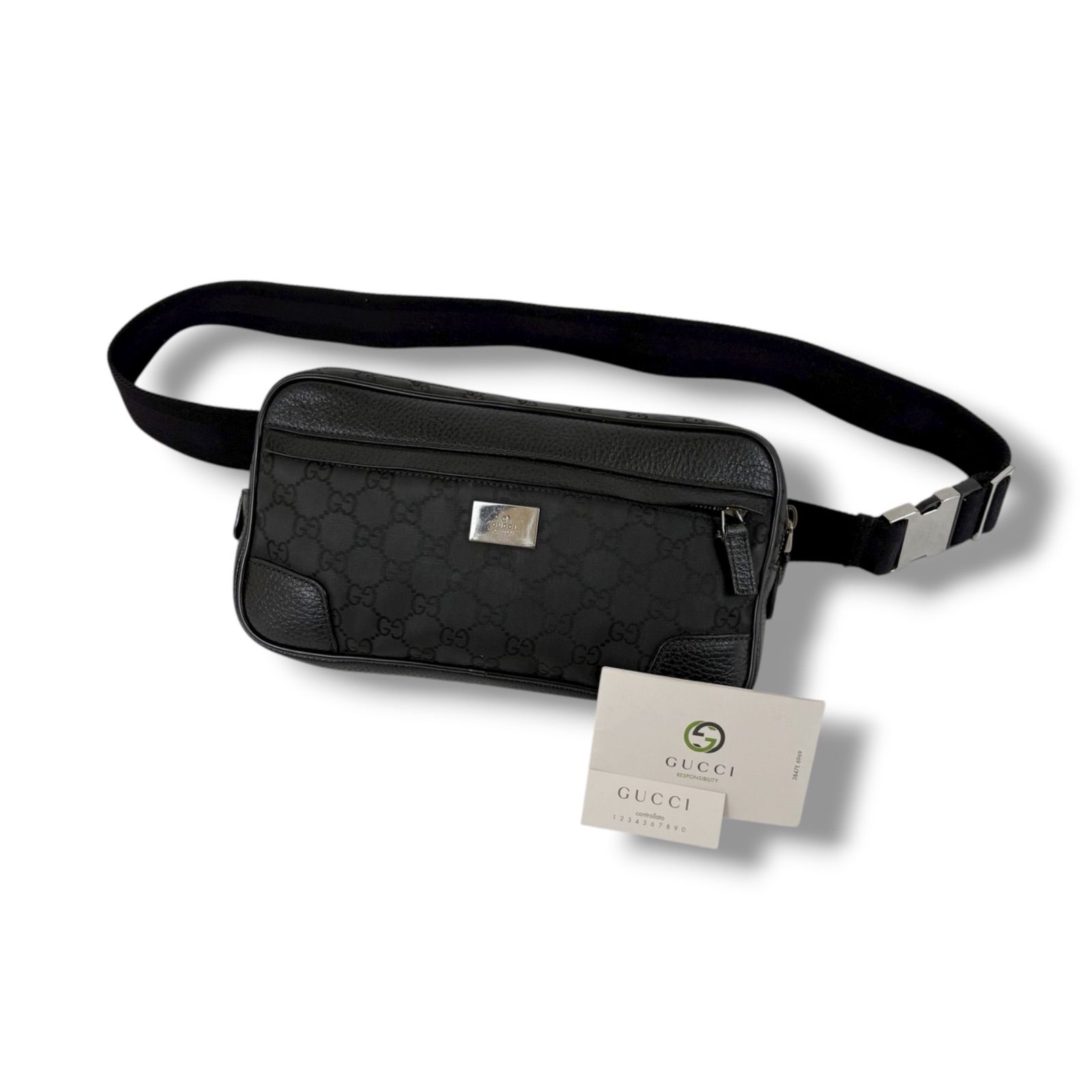 グッチ GUCCI ボディバッグ ウエストポーチ ブラック 黒 GG柄 ナイロン レザー