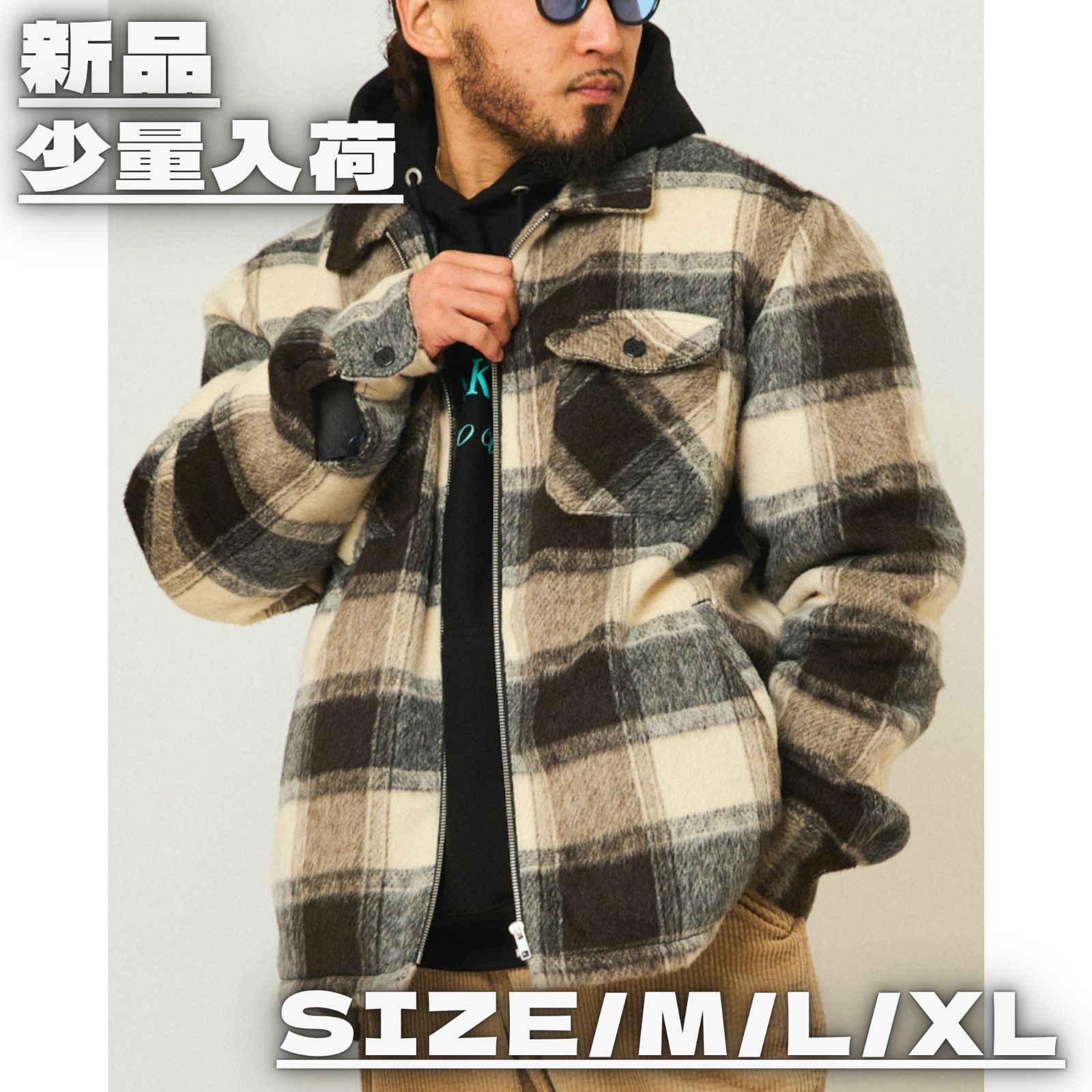 BIGMIKE ビックマイク 起毛チェック裏キルティングジャケット ブラック ホワイト アメカジ カジュアル 大人ストリート 古着MIX HIPHOP メンズライク ユニセックス М L XL 秋 冬 少量入荷 102546400