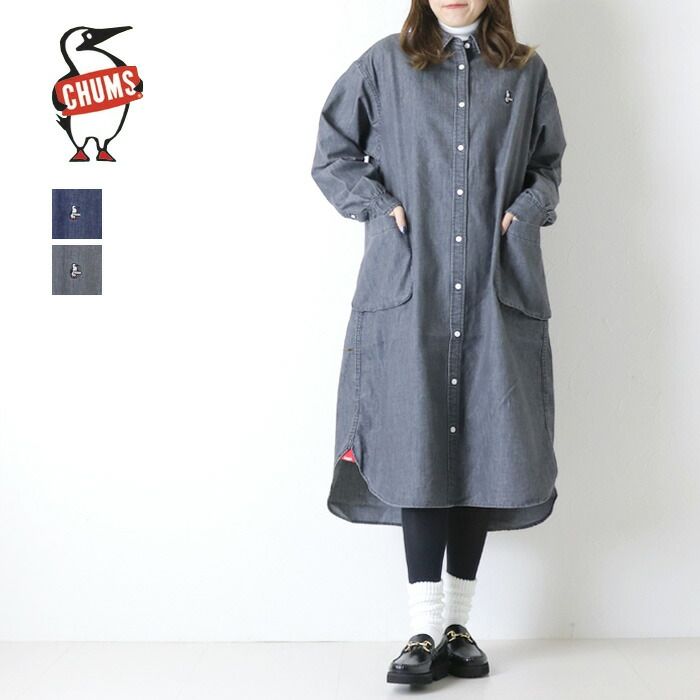 チャムス CHUMS デニムシャツワンピース Denim Shirt One-Piece CH18-1362 ミディ丈 長袖 ロゴ 刺繍 レディース 2025秋冬