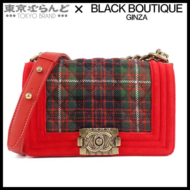 シャネル CHANEL フラップバッグ レッドxグリーン ゴールド金具 ベロア レザー ボーイシャネル 18番台 チェック ショルダーバッグ レディース 101827611