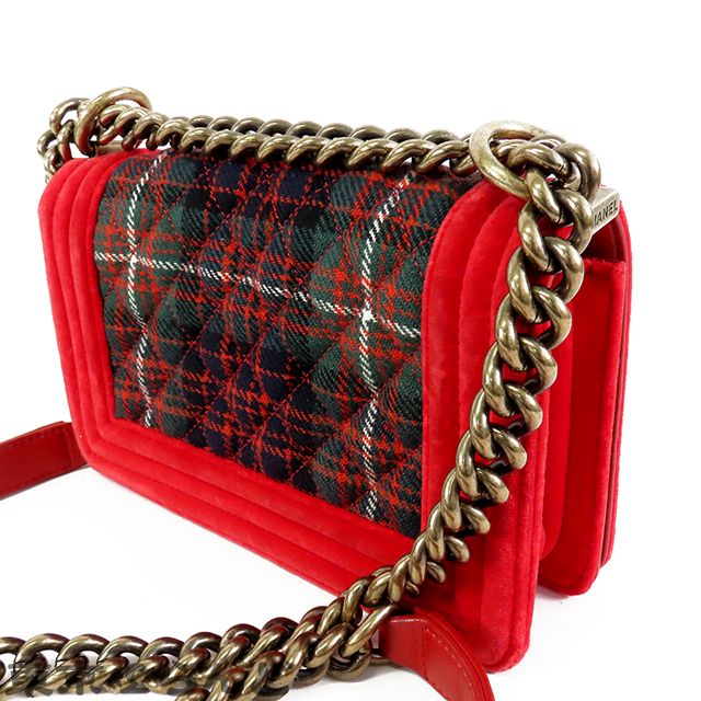 シャネル CHANEL フラップバッグ レッドxグリーン ゴールド金具 ベロア レザー ボーイシャネル 18番台 チェック ショルダーバッグ レディース 101827611