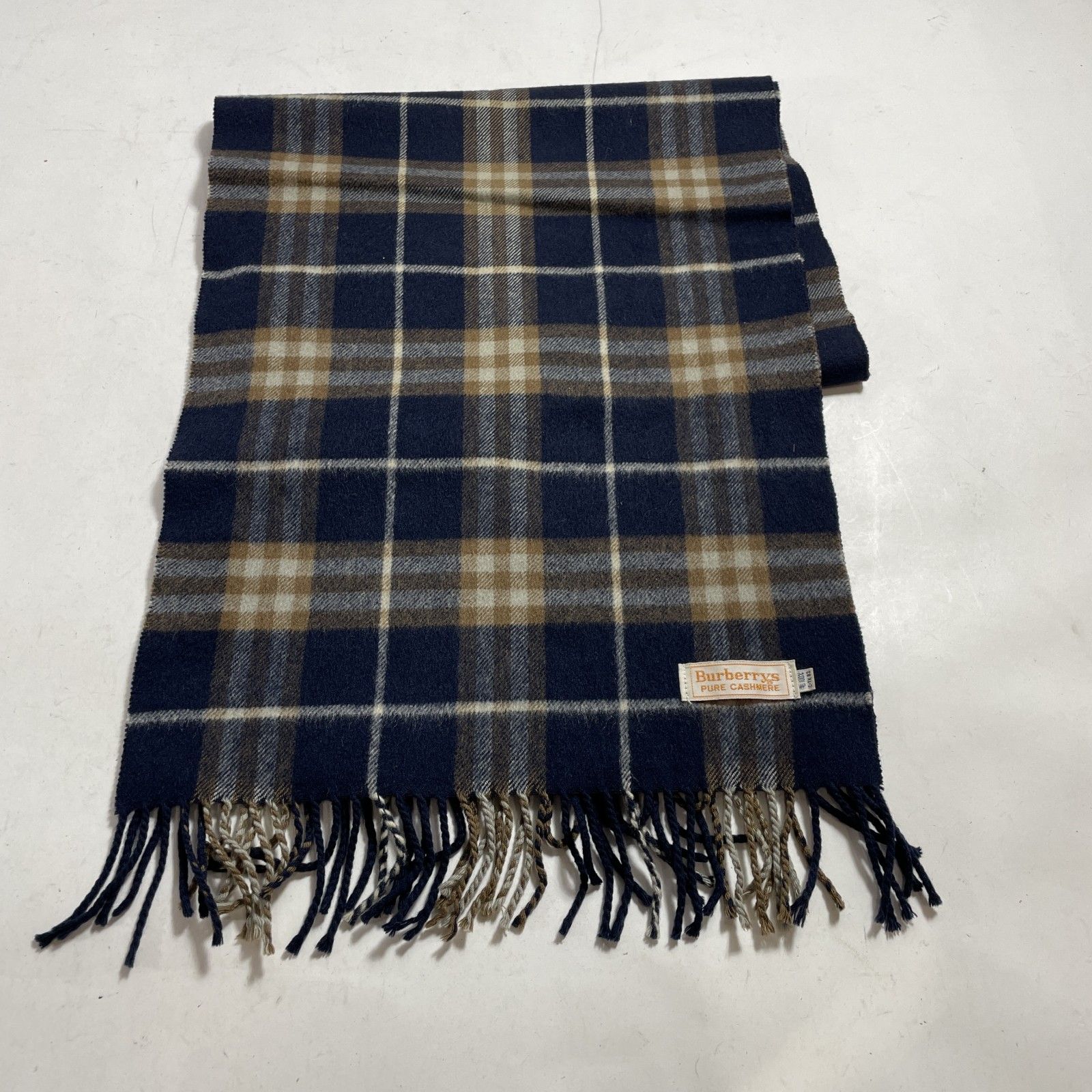 Burberrys バーバリーズ マフラー ノバチェック ネイビー系 ピュアカシミヤ C-TK83 白タグ フリンジ ストール メンズ レディース 現状品 0.1kg